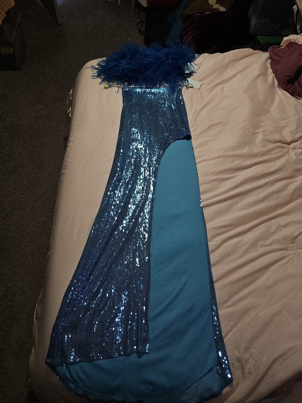 Teal Sequined Feather Trim Strapless 2 Piece Party Dress